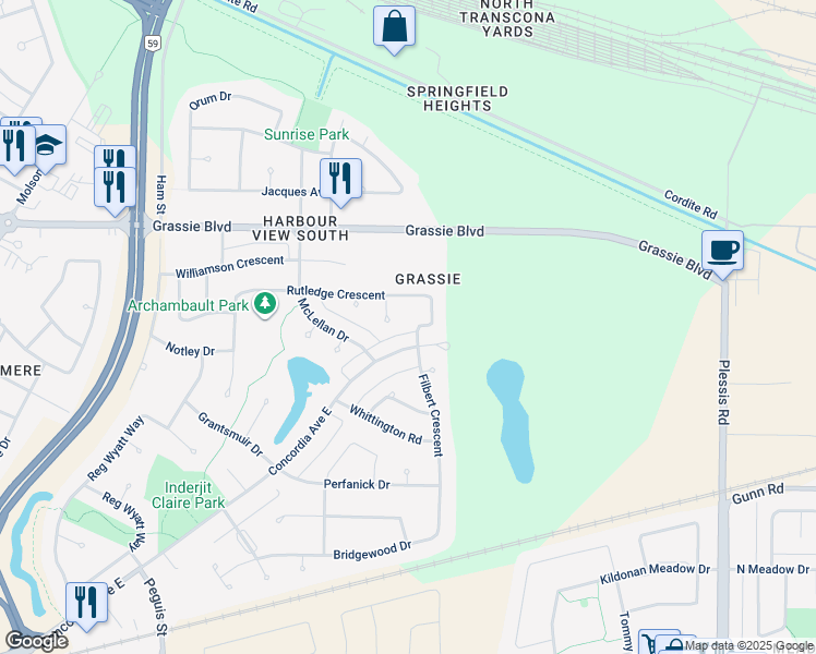 map of restaurants, bars, coffee shops, grocery stores, and more near 386 Rutledge Crescent in Winnipeg