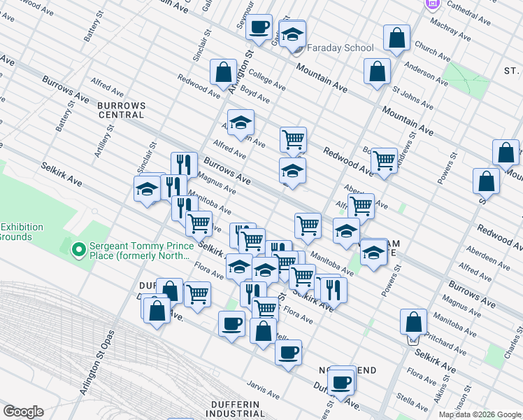 map of restaurants, bars, coffee shops, grocery stores, and more near 660 Magnus Avenue in Winnipeg