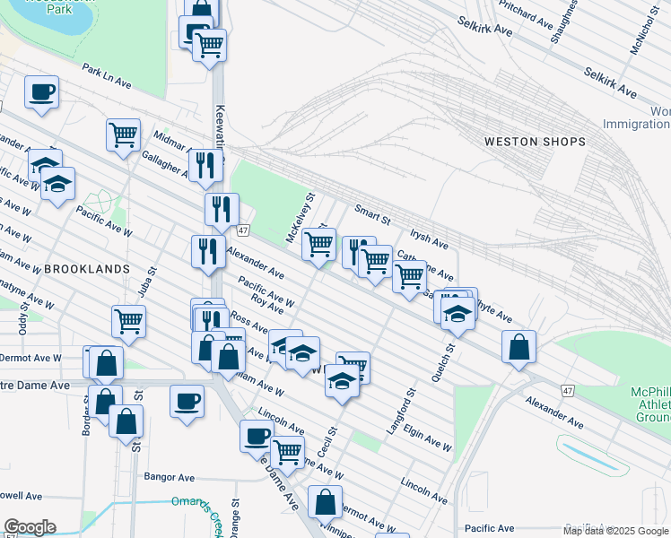 map of restaurants, bars, coffee shops, grocery stores, and more near 279 Smart Street in Winnipeg