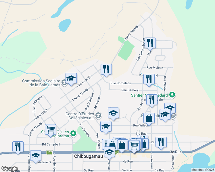 map of restaurants, bars, coffee shops, grocery stores, and more near 568 Rue Bordeleau in Chibougamau