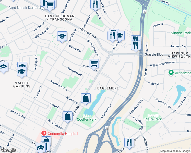 map of restaurants, bars, coffee shops, grocery stores, and more near 1324 Molson Street in Winnipeg