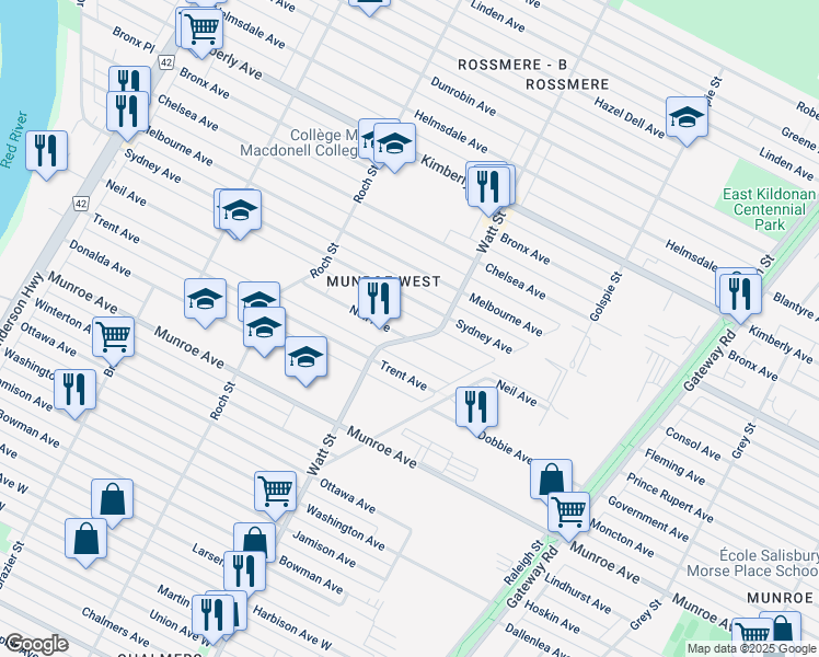 map of restaurants, bars, coffee shops, grocery stores, and more near 642 Watt Street in Winnipeg