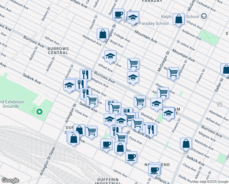 map of restaurants, bars, coffee shops, grocery stores, and more near 682 Magnus Avenue in Winnipeg