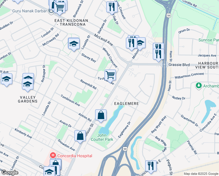 map of restaurants, bars, coffee shops, grocery stores, and more near 1330 Molson Street in Winnipeg