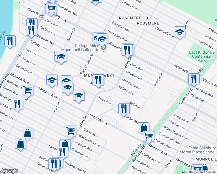 map of restaurants, bars, coffee shops, grocery stores, and more near 646 Watt Street in Winnipeg