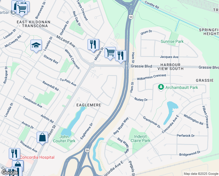 map of restaurants, bars, coffee shops, grocery stores, and more near 191 Golden Eagle Drive in Winnipeg