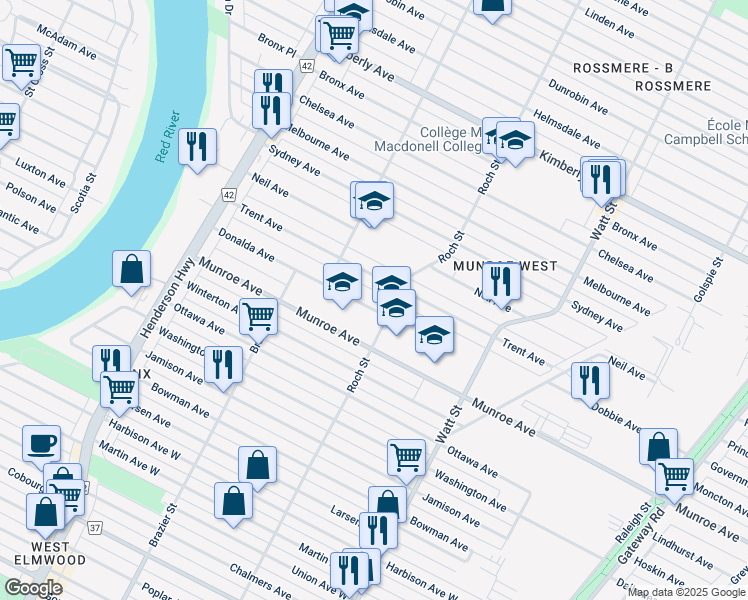map of restaurants, bars, coffee shops, grocery stores, and more near 375 Donalda Avenue in Winnipeg