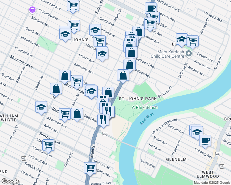 map of restaurants, bars, coffee shops, grocery stores, and more near 1244 Main Street in Winnipeg