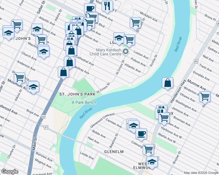 map of restaurants, bars, coffee shops, grocery stores, and more near 93 Saint Cross Street in Winnipeg
