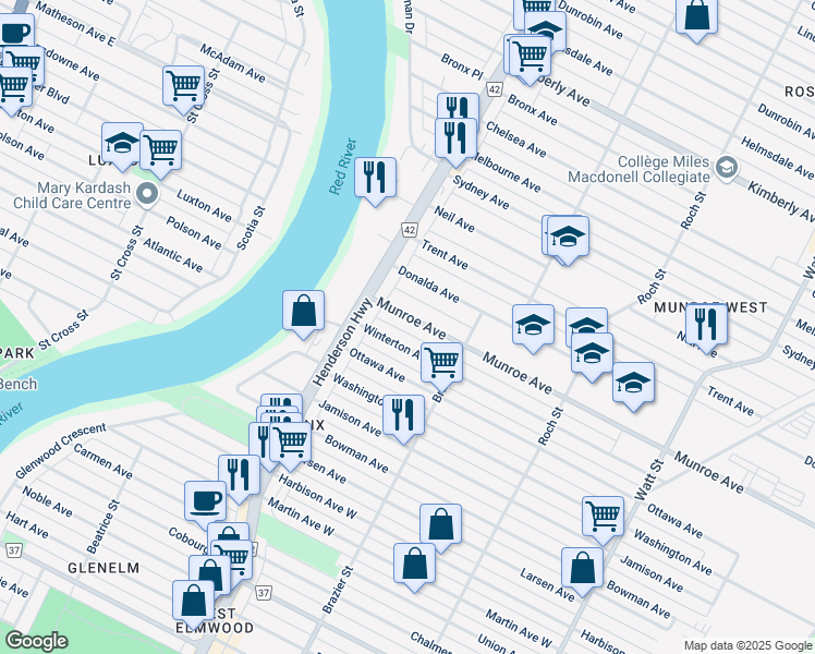 map of restaurants, bars, coffee shops, grocery stores, and more near 240 Munroe Avenue in Winnipeg