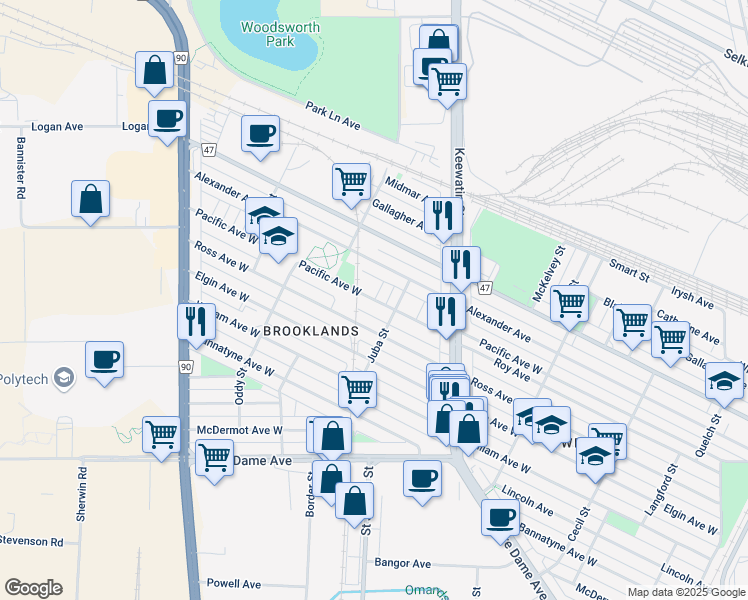 map of restaurants, bars, coffee shops, grocery stores, and more near 1865 Pacific Avenue West in Winnipeg
