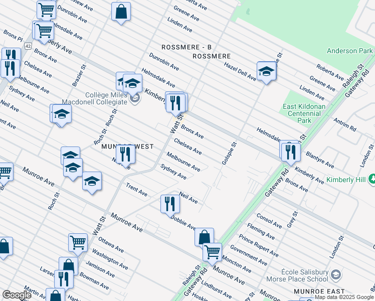map of restaurants, bars, coffee shops, grocery stores, and more near 530 Chelsea Avenue in Winnipeg