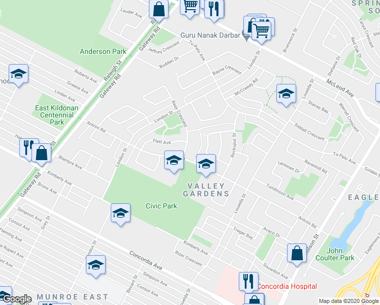 map of restaurants, bars, coffee shops, grocery stores, and more near 15 Reay Crescent in Winnipeg