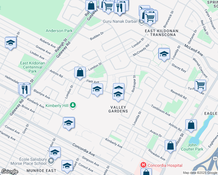 map of restaurants, bars, coffee shops, grocery stores, and more near 15 Reay Crescent in Winnipeg