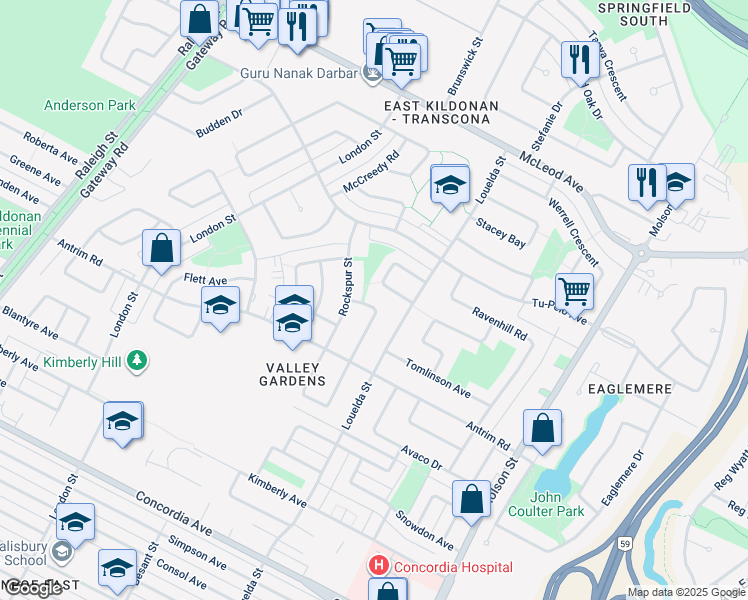 map of restaurants, bars, coffee shops, grocery stores, and more near 55 Dampsy Crescent in Winnipeg