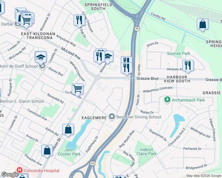 map of restaurants, bars, coffee shops, grocery stores, and more near 296 Golden Eagle Drive in Winnipeg