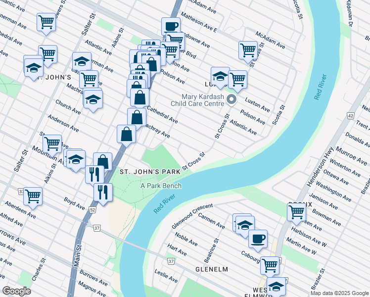 map of restaurants, bars, coffee shops, grocery stores, and more near 124 Machray Avenue in Winnipeg
