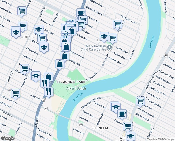 map of restaurants, bars, coffee shops, grocery stores, and more near in Winnipeg