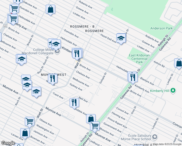map of restaurants, bars, coffee shops, grocery stores, and more near 552 Bronx Avenue in Winnipeg
