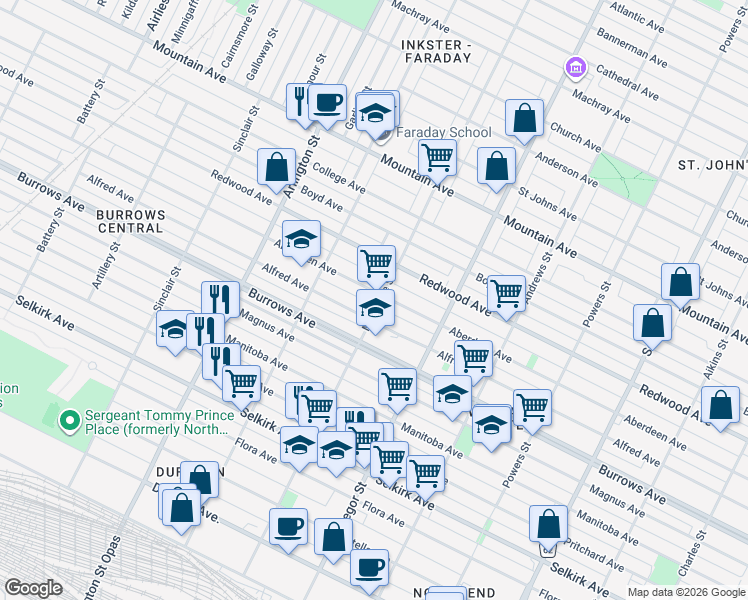 map of restaurants, bars, coffee shops, grocery stores, and more near 656 Aberdeen Avenue in Winnipeg
