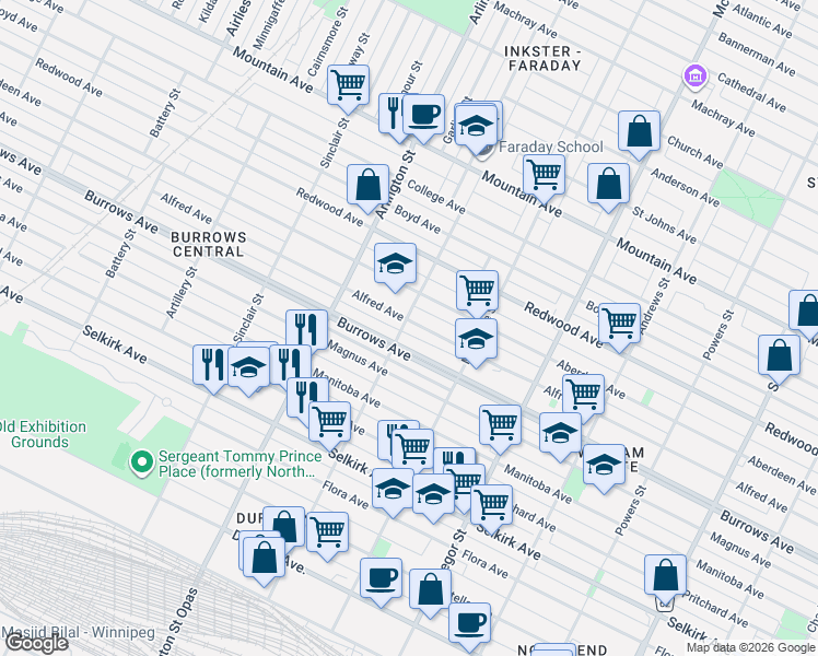 map of restaurants, bars, coffee shops, grocery stores, and more near 720 Alfred Avenue in Winnipeg