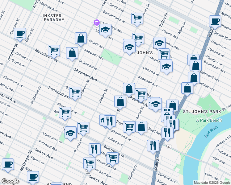 map of restaurants, bars, coffee shops, grocery stores, and more near 438 Mountain Avenue in Winnipeg