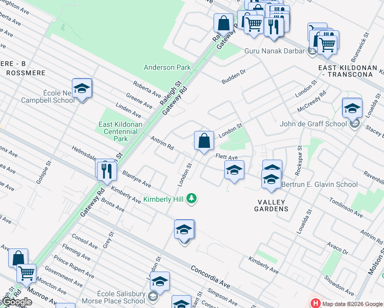 map of restaurants, bars, coffee shops, grocery stores, and more near 860 London Street in Winnipeg