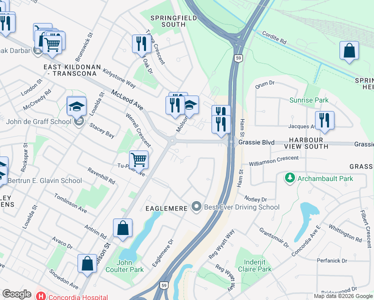 map of restaurants, bars, coffee shops, grocery stores, and more near 296 Golden Eagle Drive in Winnipeg