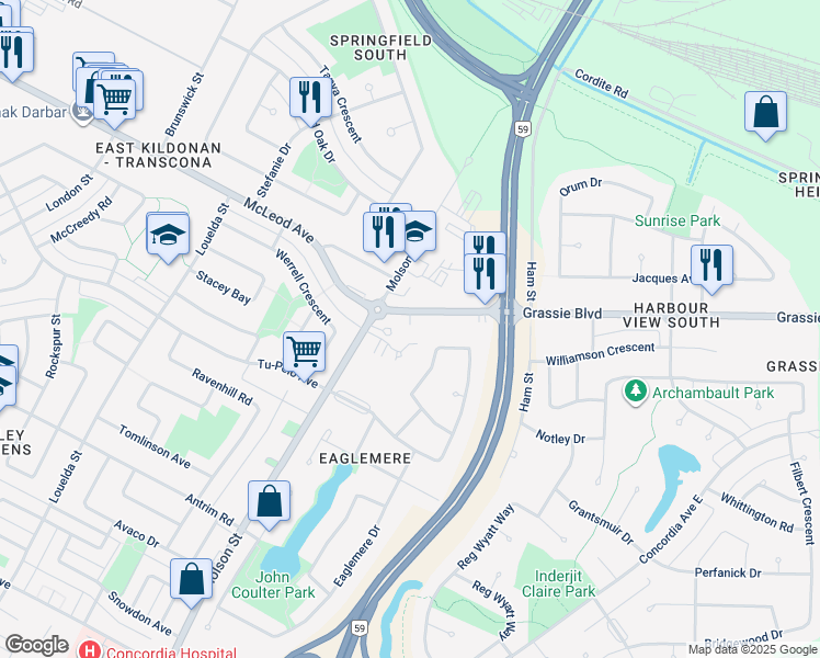 map of restaurants, bars, coffee shops, grocery stores, and more near 226 Grassie Boulevard in Winnipeg