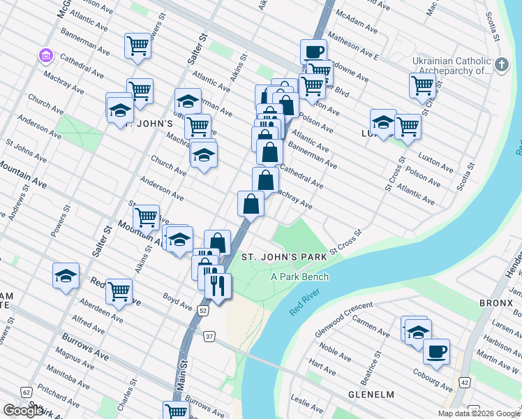 map of restaurants, bars, coffee shops, grocery stores, and more near 181 Church Avenue in Winnipeg