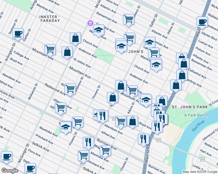 map of restaurants, bars, coffee shops, grocery stores, and more near 438 Mountain Avenue in Winnipeg