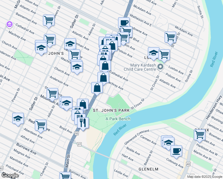 map of restaurants, bars, coffee shops, grocery stores, and more near 11 O'Meara Street in Winnipeg