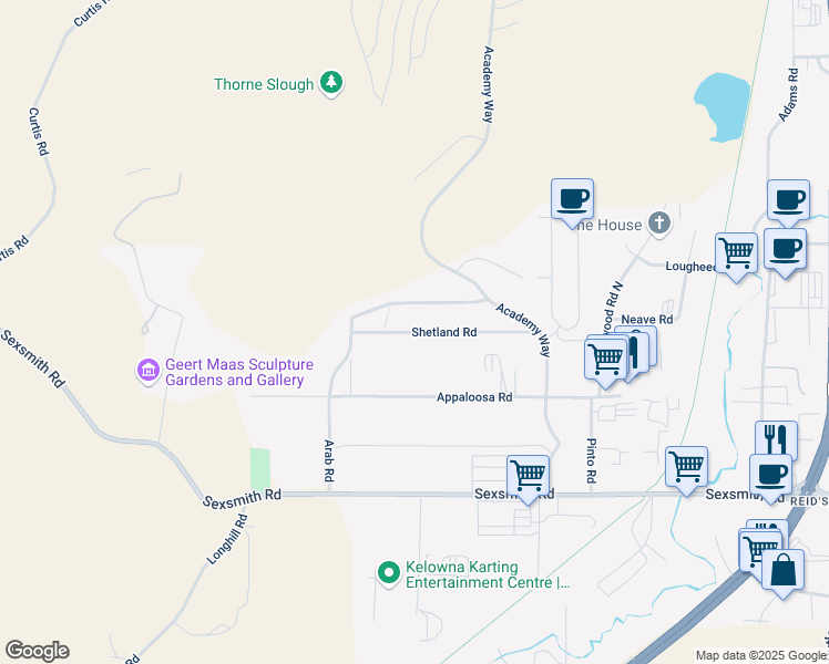 map of restaurants, bars, coffee shops, grocery stores, and more near Shetland Road in Kelowna