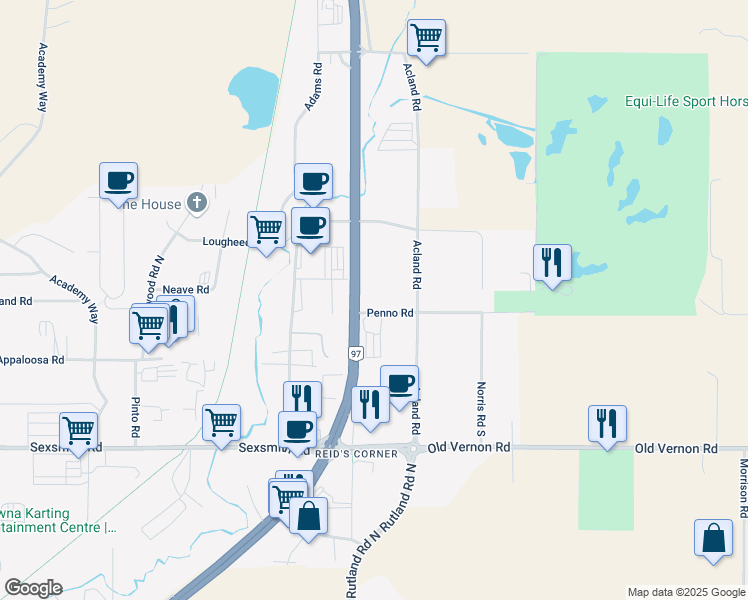 map of restaurants, bars, coffee shops, grocery stores, and more near 158 Penno Road in Kelowna