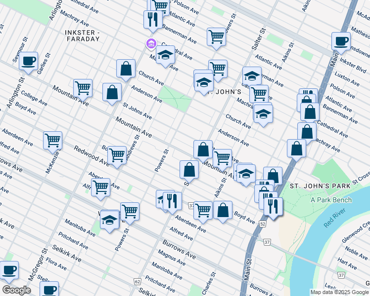 map of restaurants, bars, coffee shops, grocery stores, and more near 454 Saint Johns Avenue in Winnipeg