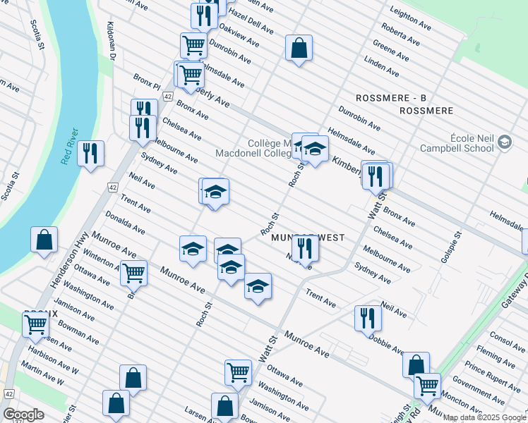 map of restaurants, bars, coffee shops, grocery stores, and more near 377 Sydney Avenue in Winnipeg