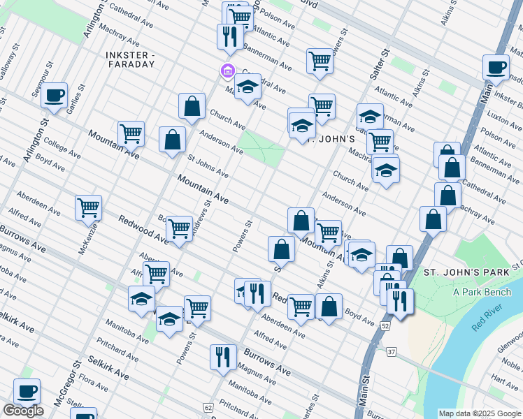 map of restaurants, bars, coffee shops, grocery stores, and more near 465 Mountain Avenue in Winnipeg