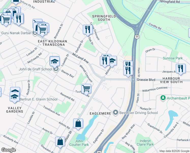 map of restaurants, bars, coffee shops, grocery stores, and more near 170 Grassie Boulevard in Winnipeg
