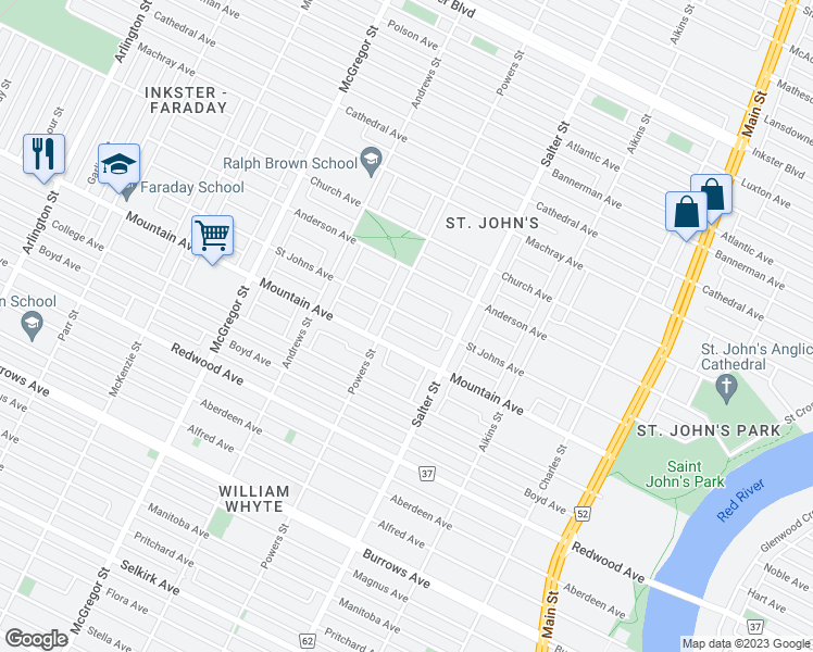 map of restaurants, bars, coffee shops, grocery stores, and more near 454 Saint Johns Avenue in Winnipeg