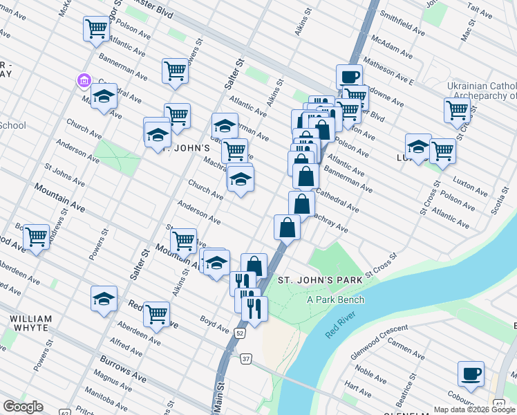 map of restaurants, bars, coffee shops, grocery stores, and more near 480 Charles Street in Winnipeg