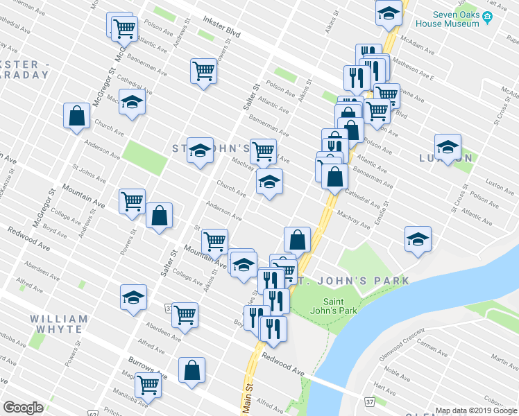 map of restaurants, bars, coffee shops, grocery stores, and more near 282 Church Avenue in Winnipeg