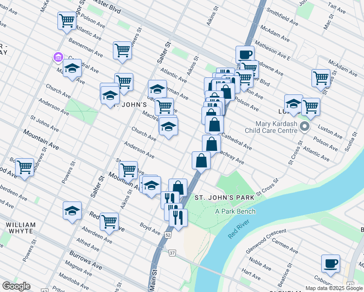 map of restaurants, bars, coffee shops, grocery stores, and more near 480 Charles Street in Winnipeg