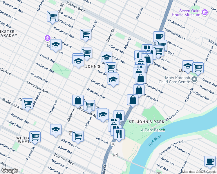 map of restaurants, bars, coffee shops, grocery stores, and more near 282 Church Avenue in Winnipeg