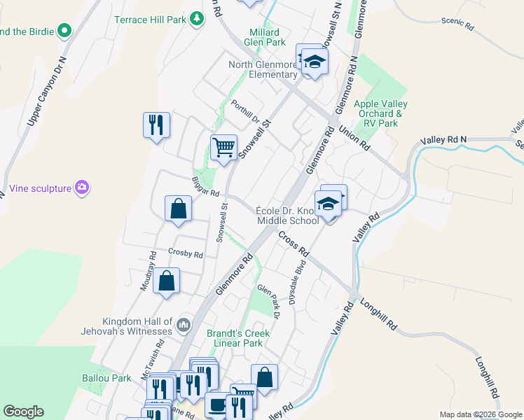 map of restaurants, bars, coffee shops, grocery stores, and more near 1943 Cross Road in Kelowna
