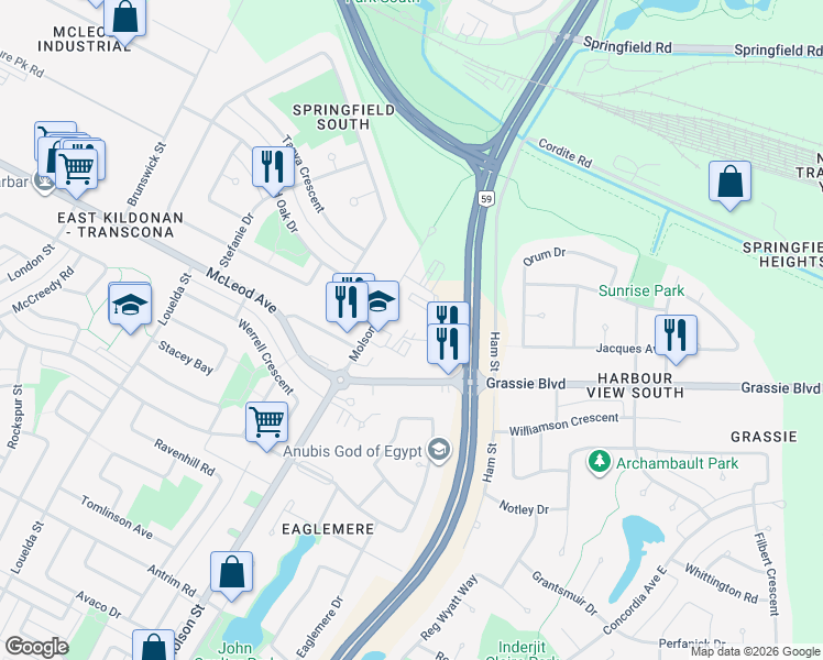 map of restaurants, bars, coffee shops, grocery stores, and more near 1475 Molson Street in Winnipeg