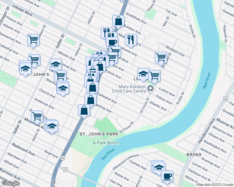 map of restaurants, bars, coffee shops, grocery stores, and more near 136 Bannerman Avenue in Winnipeg