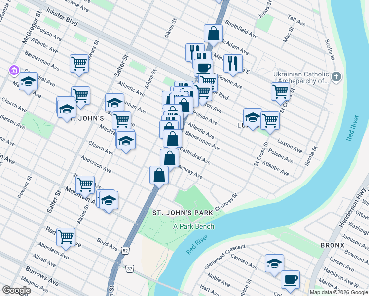 map of restaurants, bars, coffee shops, grocery stores, and more near 191 Cathedral Avenue in Winnipeg