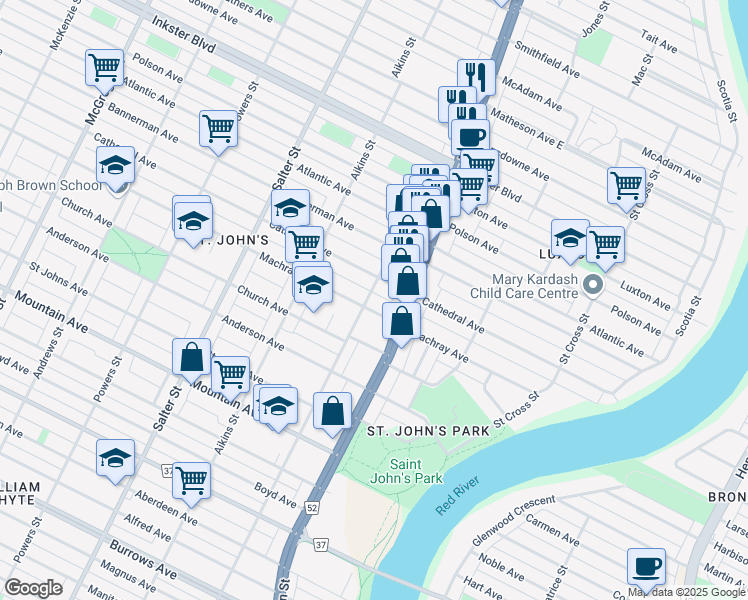 map of restaurants, bars, coffee shops, grocery stores, and more near 250 Cathedral Avenue in Winnipeg