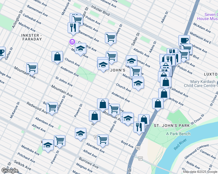 map of restaurants, bars, coffee shops, grocery stores, and more near 444 Salter Street in Winnipeg
