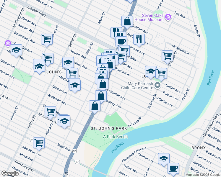 map of restaurants, bars, coffee shops, grocery stores, and more near 200 Bannerman Avenue in Winnipeg